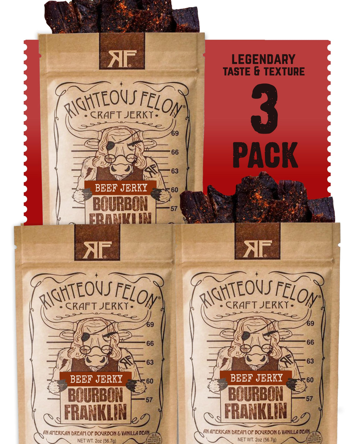 Righteous Felon Bourbon Franklin beef jerky pack for convenient protein on the go.