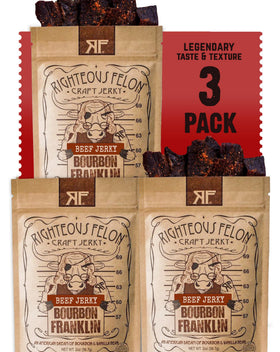 Righteous Felon Bourbon Franklin beef jerky pack for convenient protein on the go.