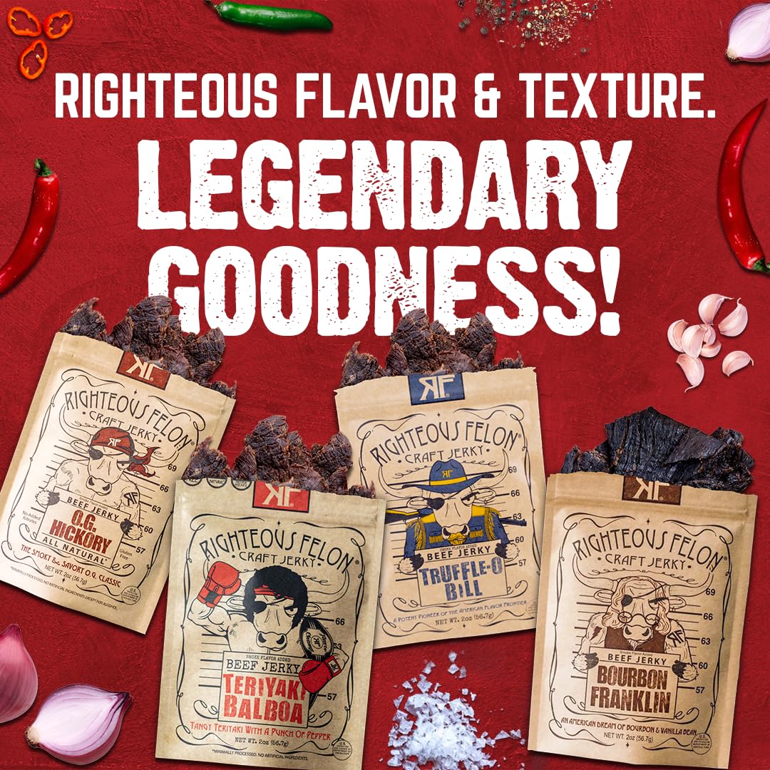A closeup of Righteous Felon beef jerky highlights rich texture and savor.