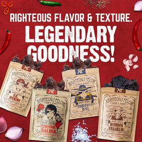 A closeup of Righteous Felon beef jerky highlights rich texture and savor.