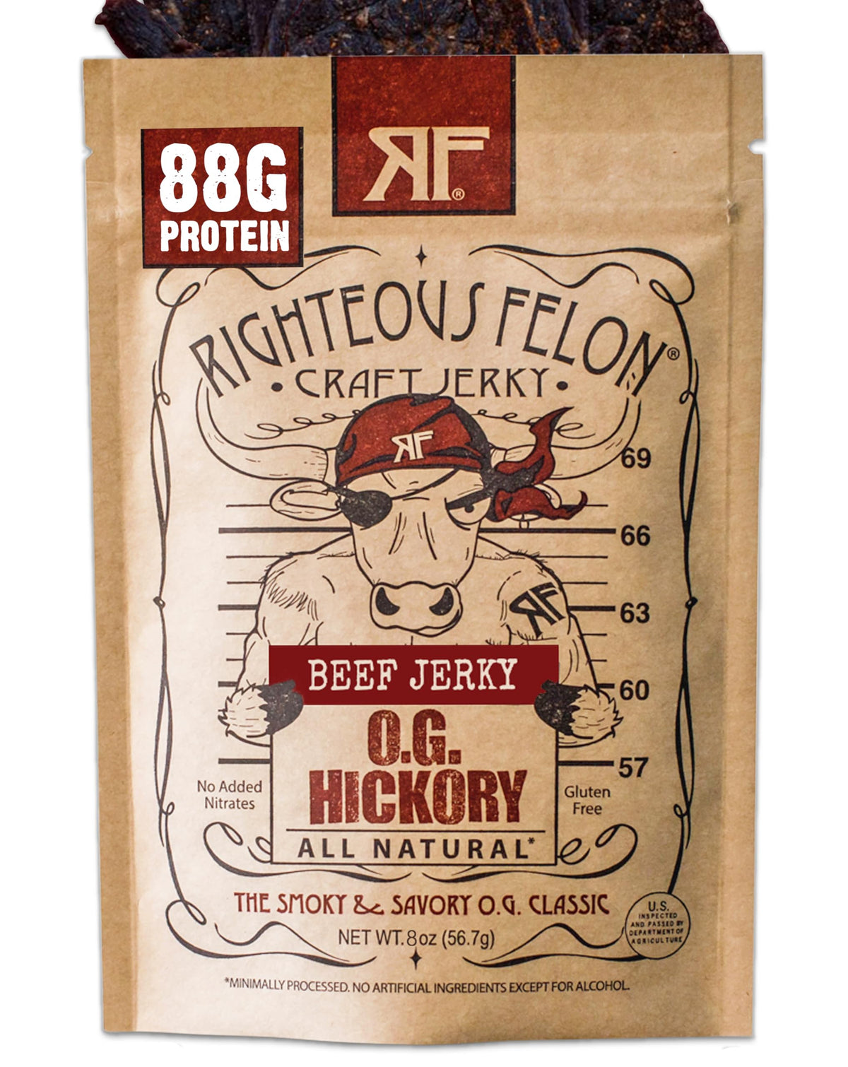 Righteous Felon Beef Jerky front packaging highlights all-natural ingredients and bold branding.