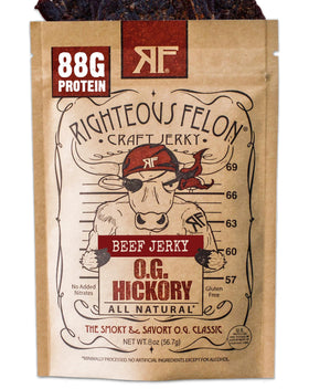 Righteous Felon Beef Jerky front packaging highlights all-natural ingredients and bold branding.