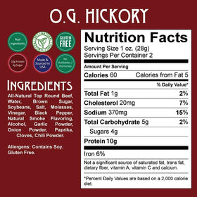 Nutrition label on Righteous Felon OG Hickory jerky emphasizing protein content