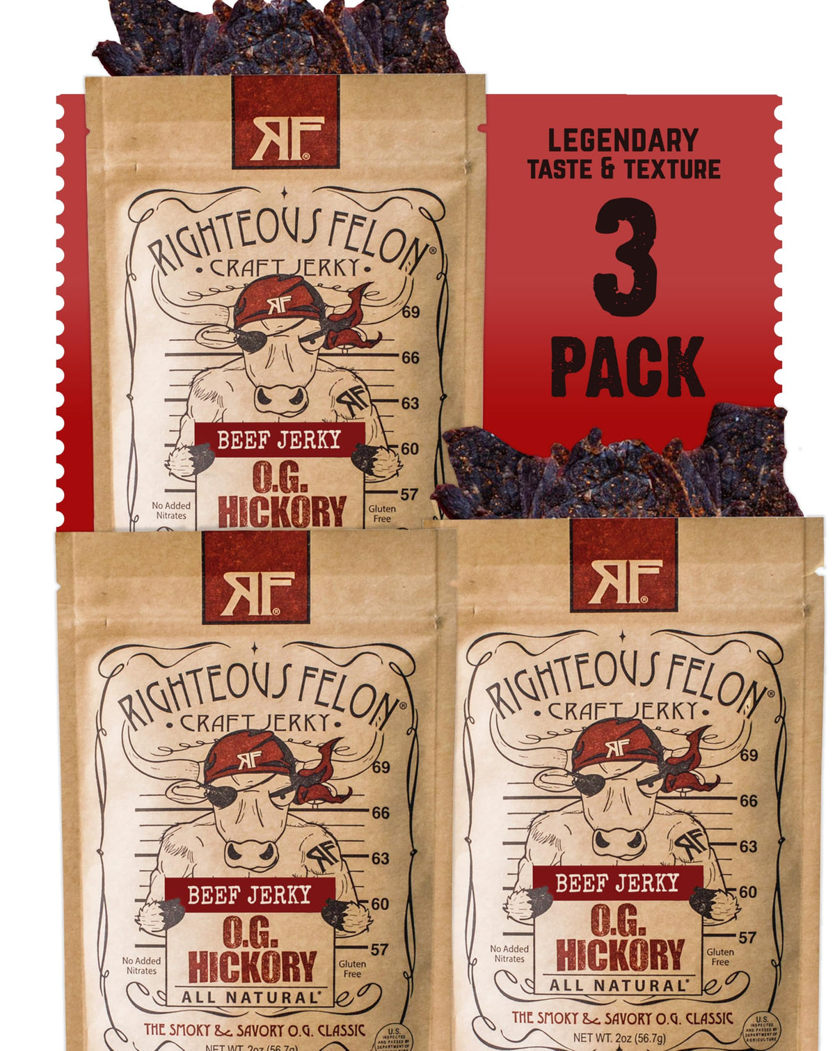 Righteous Felon OG Hickory beef jerky pack shot highlights bold flavor and protein-rich snack