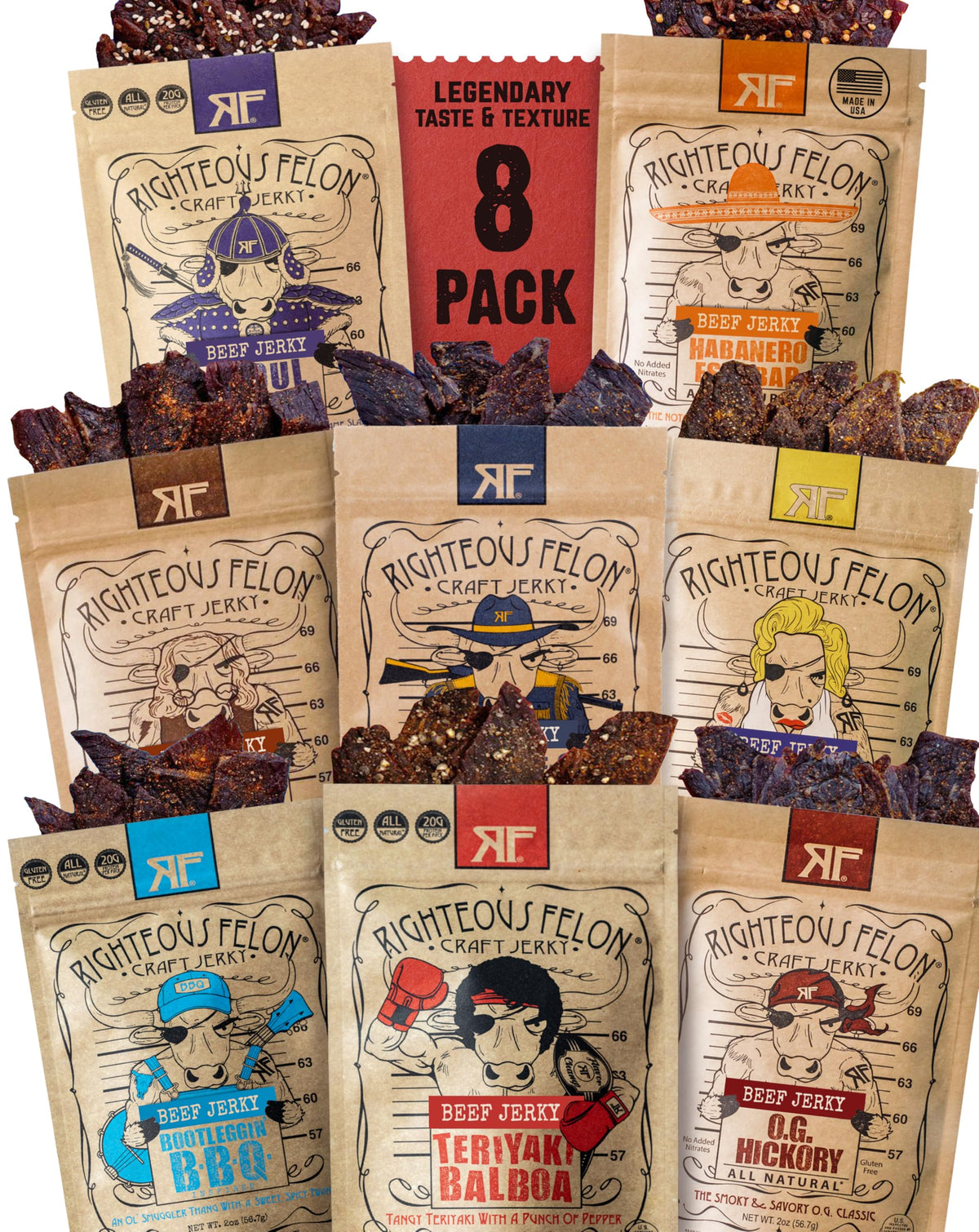 Righteous Felon beef jerky sampler pack for on-the-go protein.