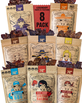 Righteous Felon beef jerky sampler pack for on-the-go protein.