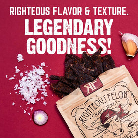 Close-up of Righteous Felon jerky texture showing lean beef and chewable consistency.