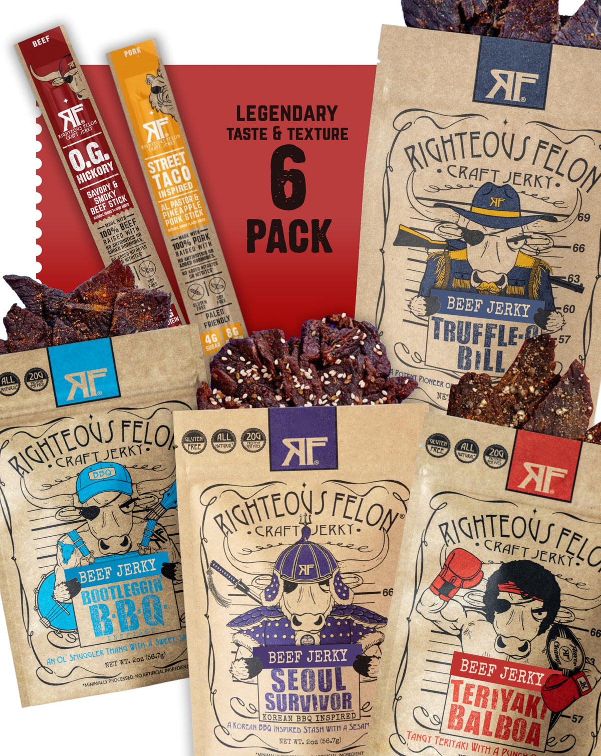 Righteous Felon beef jerky variety pack assortment for gifting and snacking.