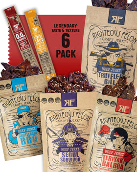 Righteous Felon beef jerky variety pack assortment for gifting and snacking.