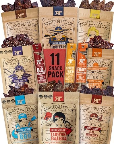 Righteous Felon beef jerky variety pack front view, high protein snack for active lifestyles