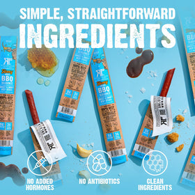 Righteous Felon beef stick cross-section showing 9g protein per stick.