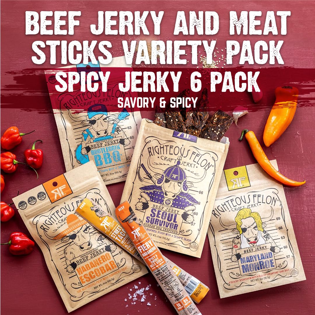Righteous Felon Bootleggin BBQ beef jerky: smoky, convenient protein on the go.