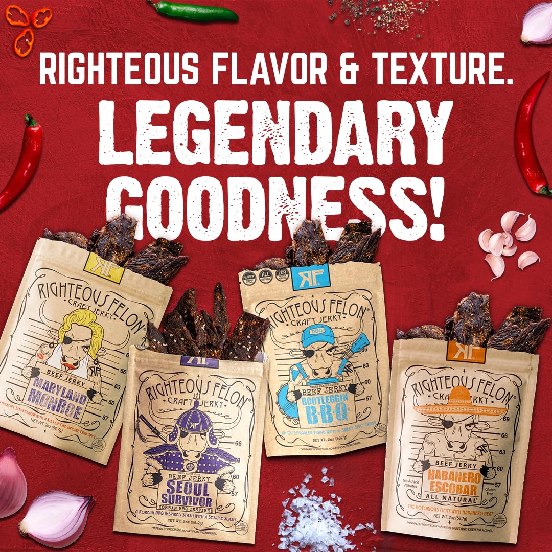 Righteous Felon Bootleggin BBQ jerky—smoky flavor for on-the-go.