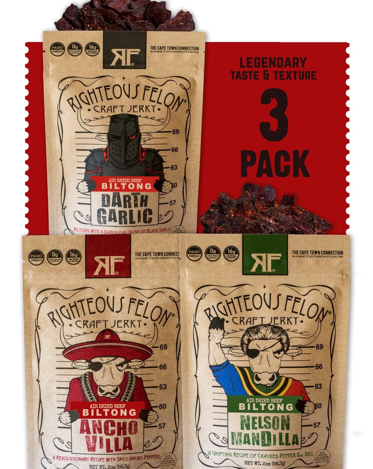 Righteous Felon Darth Garlic biltong jerky offers bold flavor and high-protein snacking anywhere.