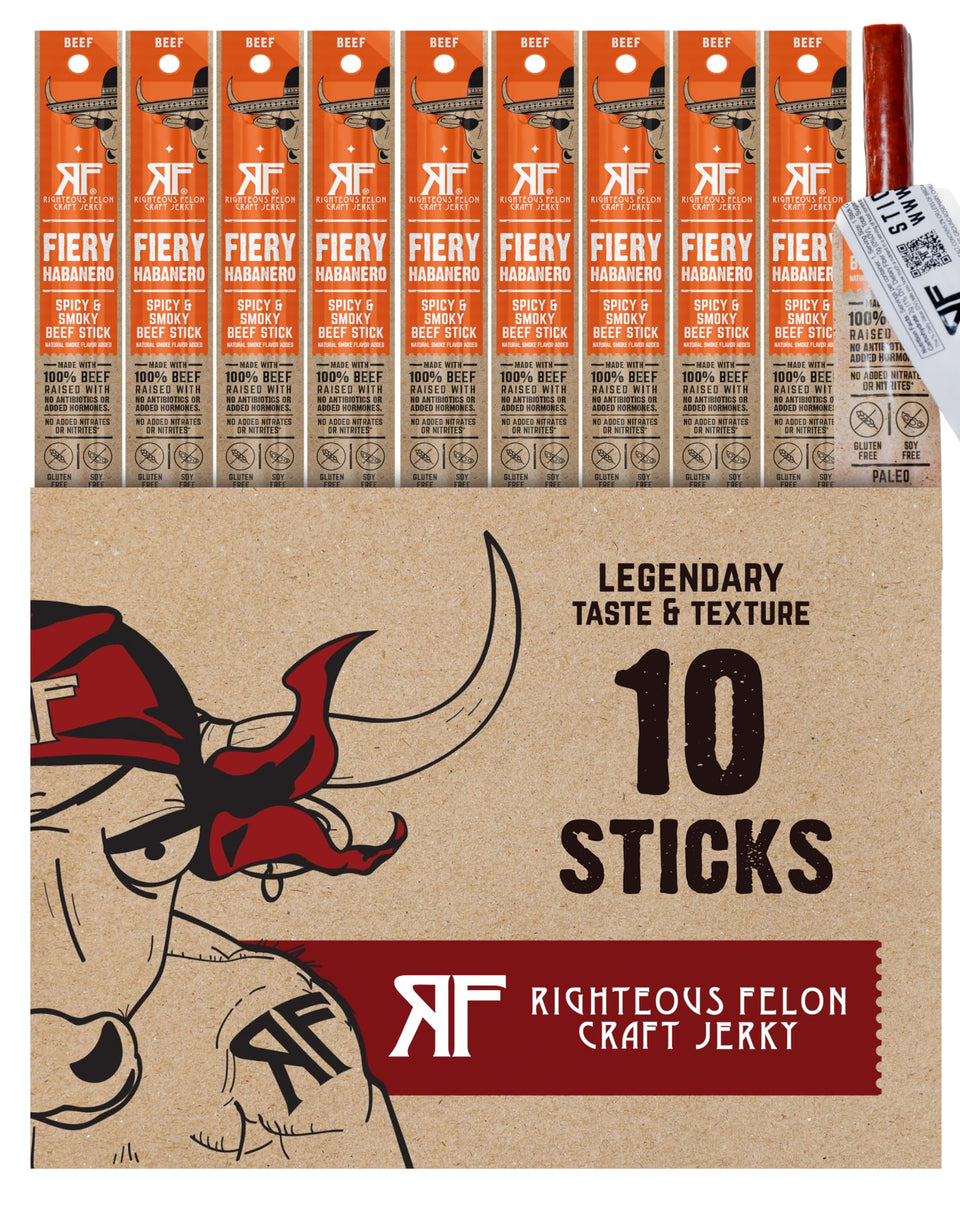 Righteous Felon Fiery Habanero beef sticks offer bold heat in a portable 10-count package.