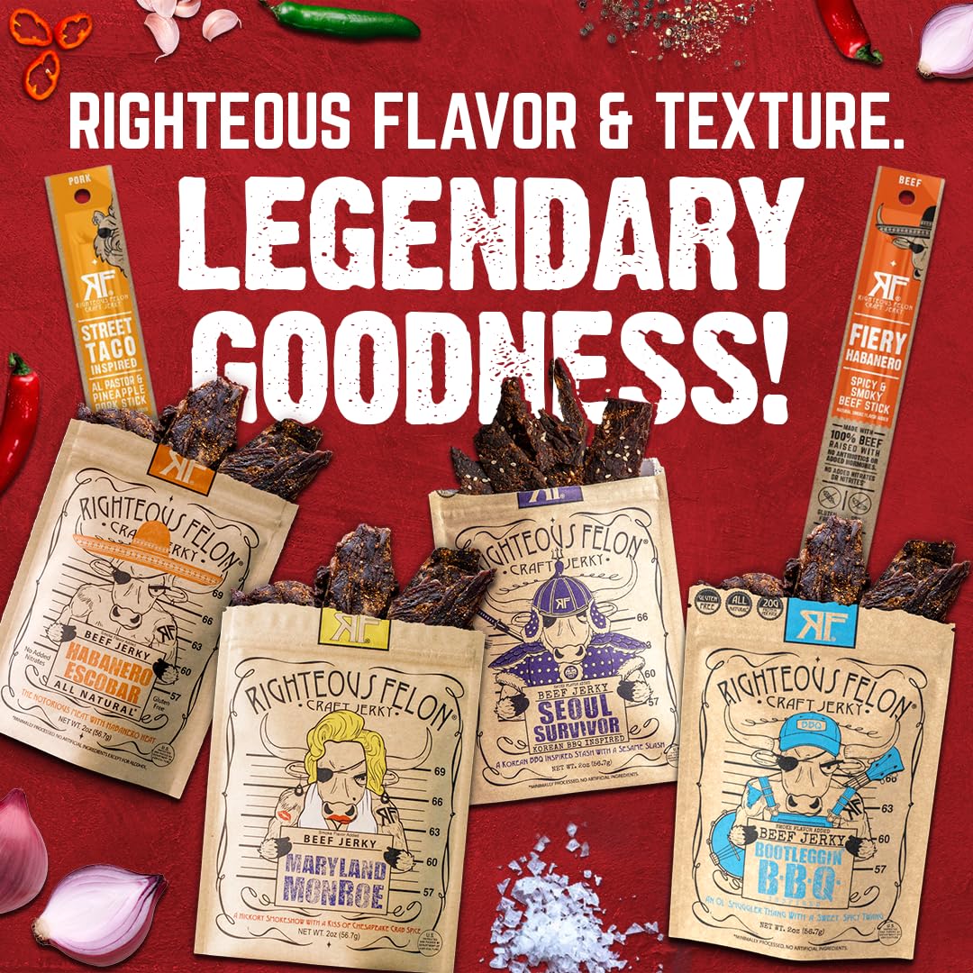 Righteous Felon Habanero Escobar beef jerky: intense heat with savory chew.