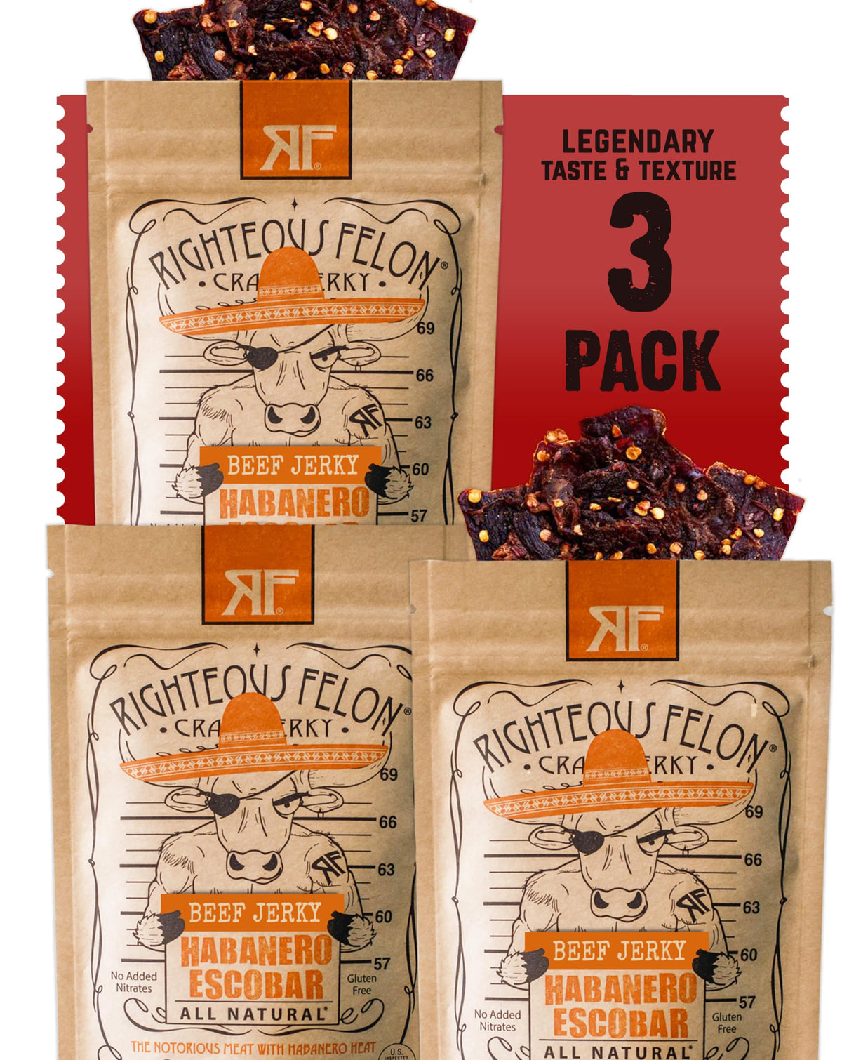 Righteous Felon Habanero Escobar jerky pack, bold flavor and protein boost.