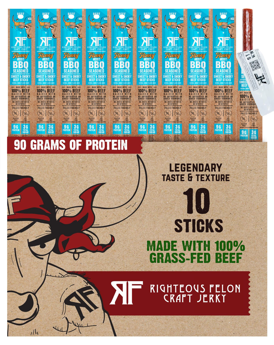 Righteous Felon Honey Heist BBQ beef stick unwrapped for a protein-packed bite.