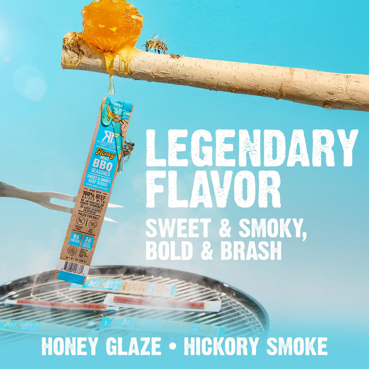 Righteous Felon Honey Heist BBQ glaze on sticks delivers sweet-smoky flavor in a portable snack.