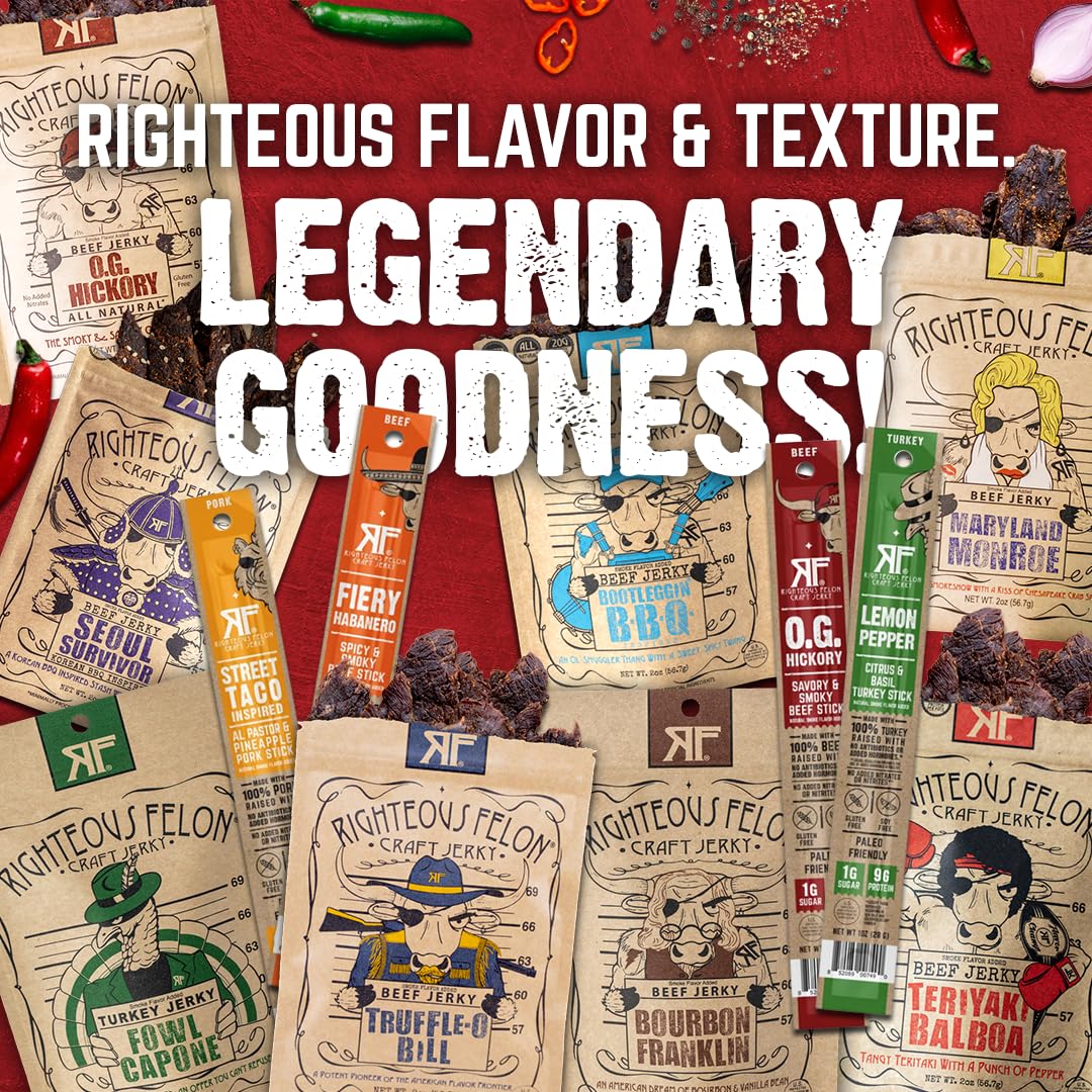 Righteous Felon jerky flavors lineup, vibrant packaging for flavor exploration
