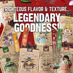Righteous Felon jerky flavors lineup, vibrant packaging for flavor exploration