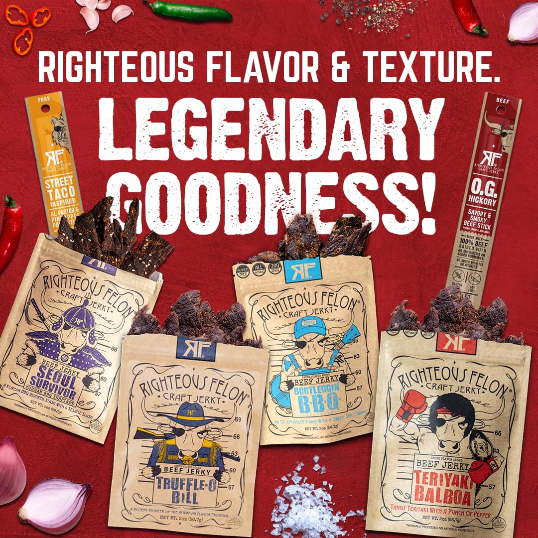 Righteous Felon jerky gift basket with beef, pork, and turkey options for protein.