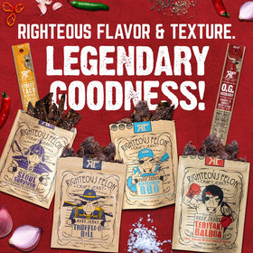 Righteous Felon jerky gift basket with beef, pork, and turkey options for protein.