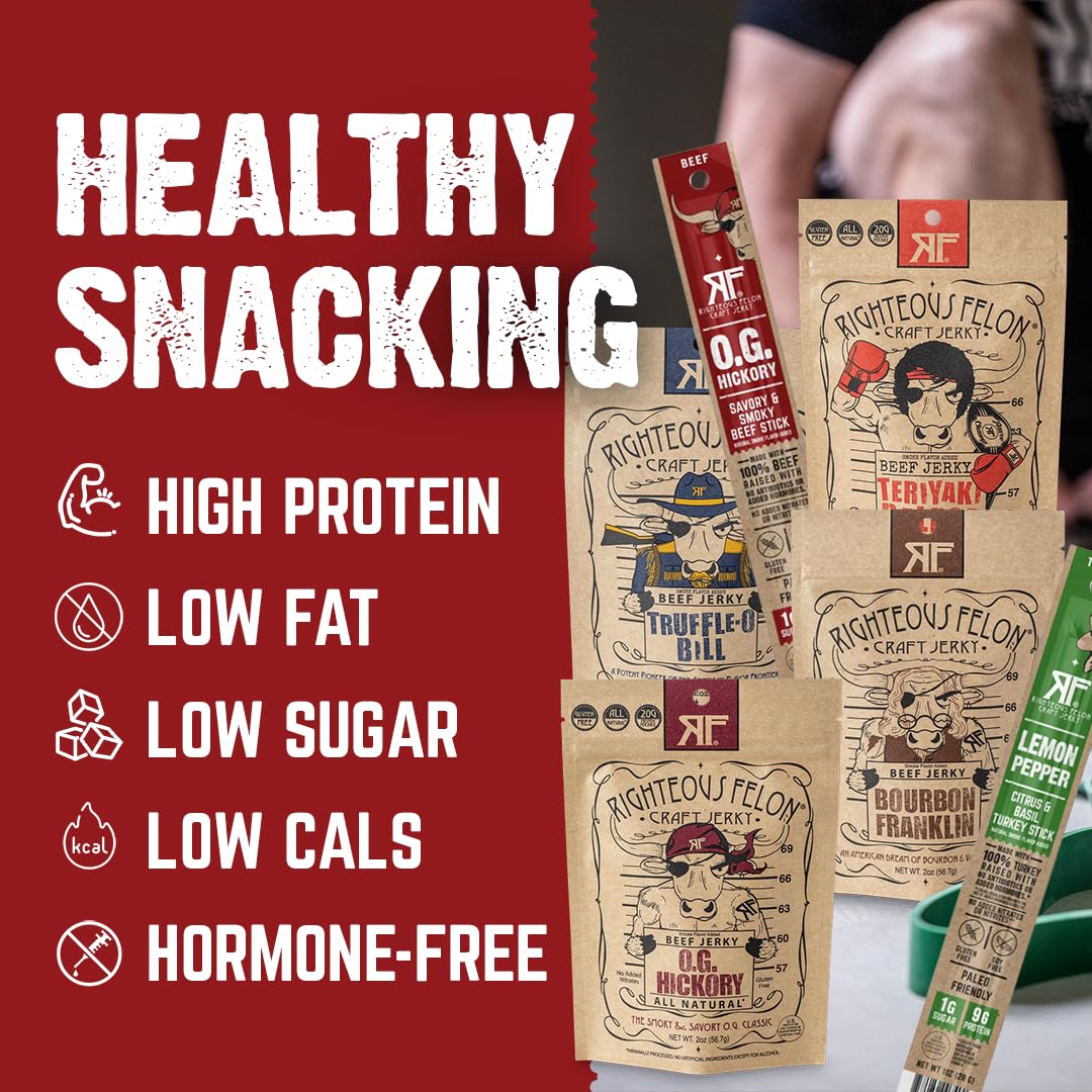 Righteous Felon Jerky flavors label close-up—clean ingredients and USA-sourced meats.