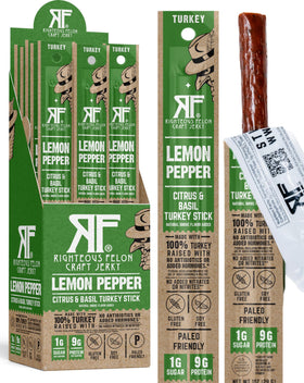 Righteous Felon Lemon Pepper Turkey Sticks close-up; bold flavor for keto snacking