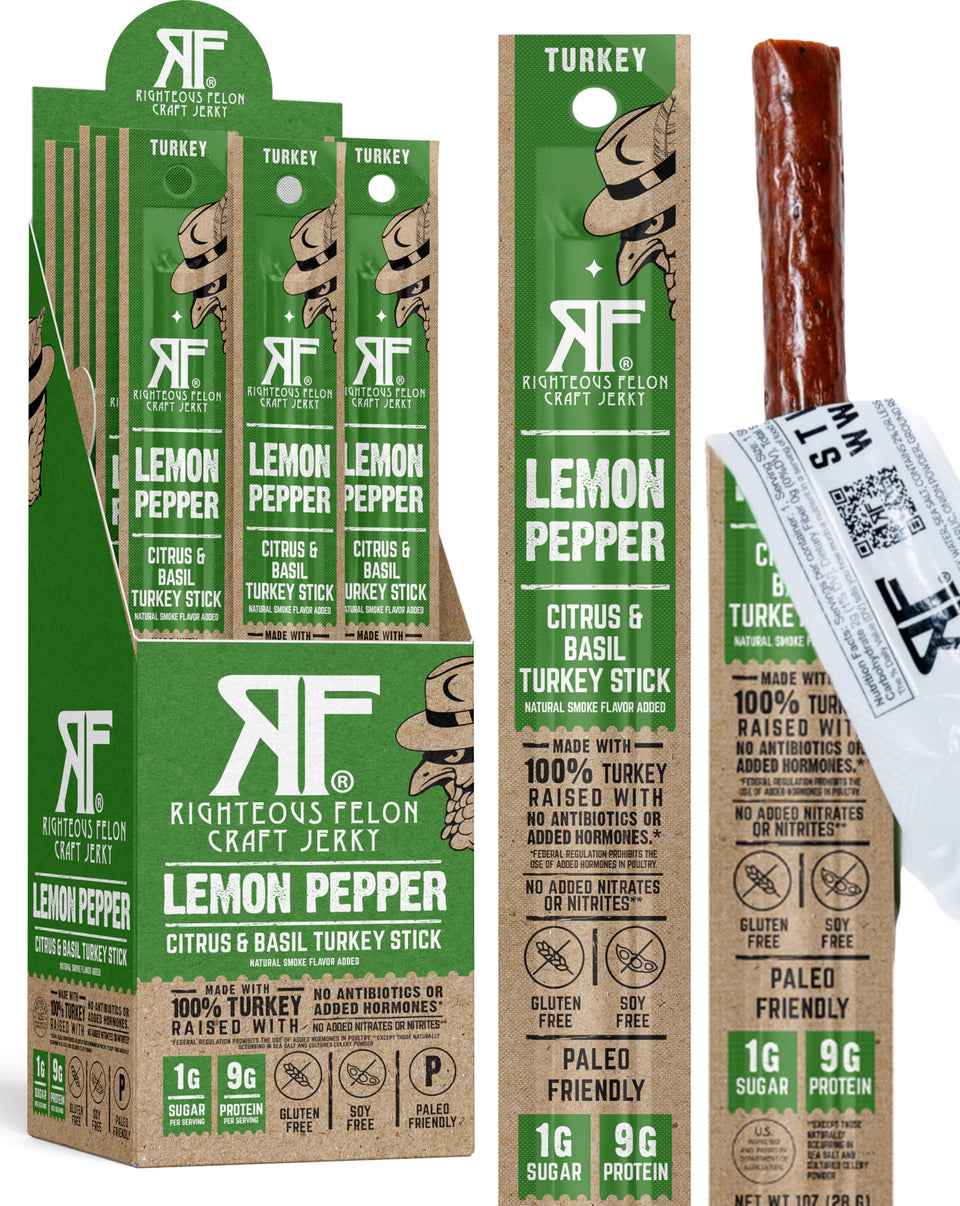 Righteous Felon Lemon Pepper Turkey Sticks close-up; bold flavor for keto snacking