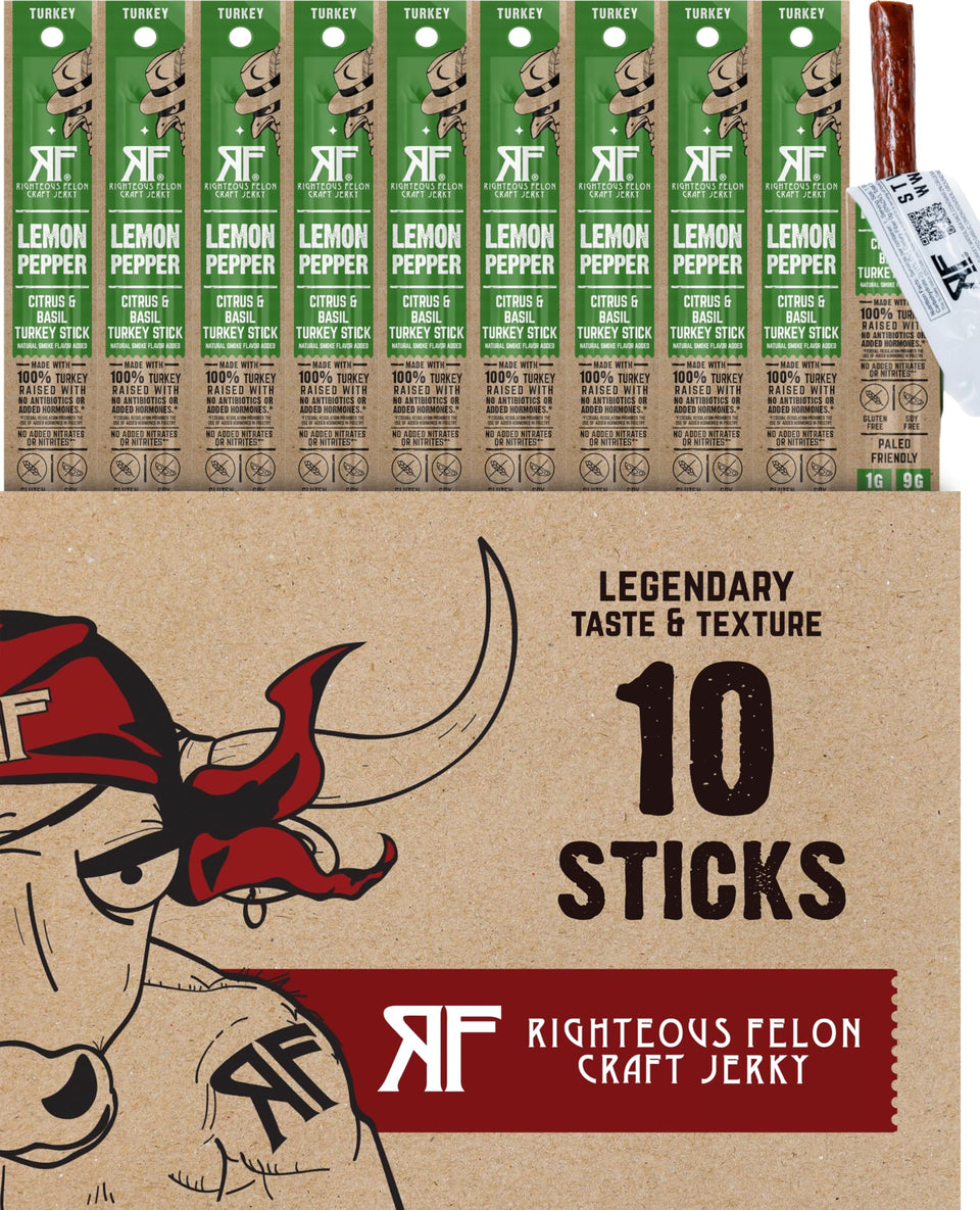 Righteous Felon Lemon Pepper turkey sticks packaging, ideal for on-the-go protein