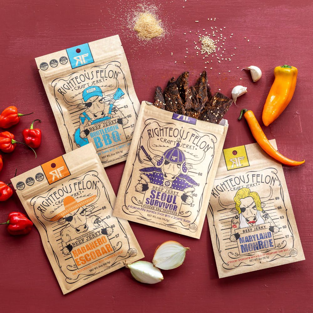 Righteous Felon Made in USA jerky—pasture-raised beef for top-tier snacking.