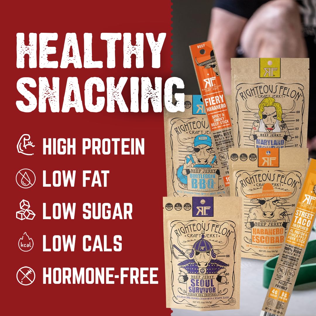 Righteous Felon Maryland Monroe beef jerky: bold bite for lunch or gym breaks.