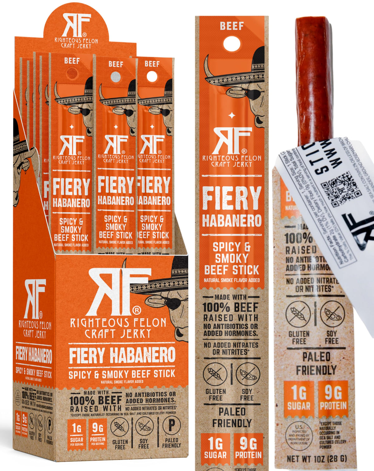 Righteous Felon Fiery Habanero Beef Sticks show bold heat and beefy texture for on-the-go snacking