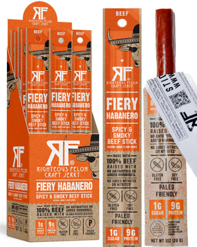 Righteous Felon Fiery Habanero Beef Sticks show bold heat and beefy texture for on-the-go snacking