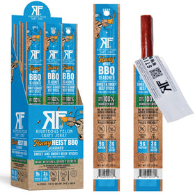 Righteous Felon meat sticks packaging highlights premium grass-fed beef for convenient snacking.