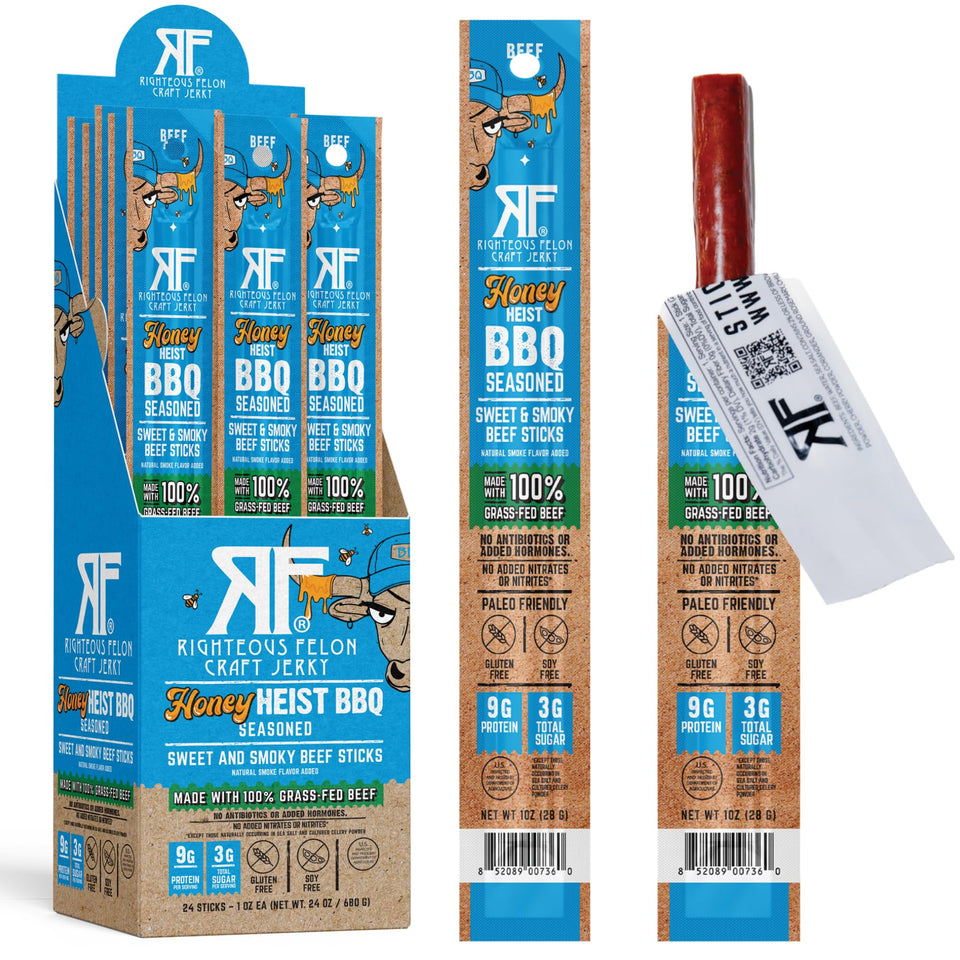 Righteous Felon meat sticks packaging highlights premium grass-fed beef for convenient snacking.