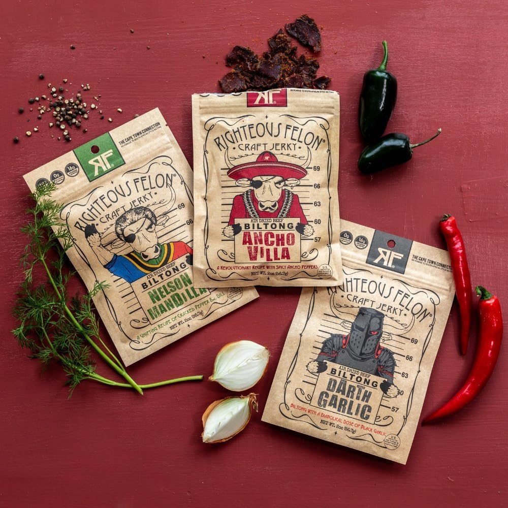 Righteous Felon Nelson Mandela Dill biltong jerky delivers herbaceous notes for quick keto-friendly bites.
