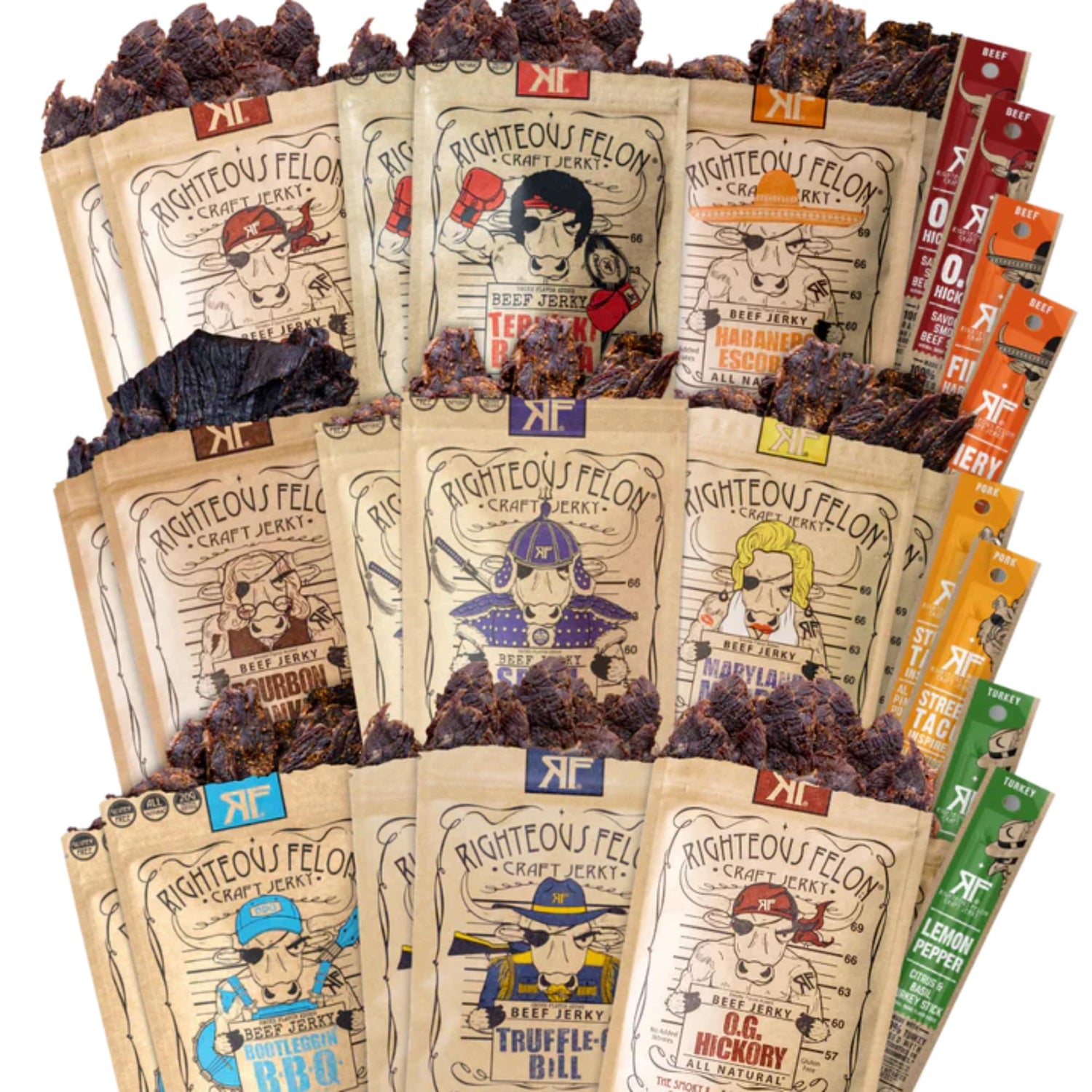 Righteous Felon Noah’s Ark jerky variety pack front display, ideal gift for jerky lovers