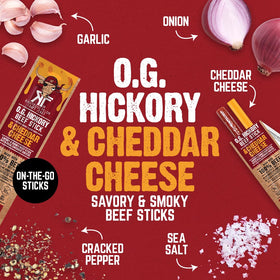 Righteous Felon O.G. Hickory Beef and Cheddar sticks close-up highlights real meat texture.