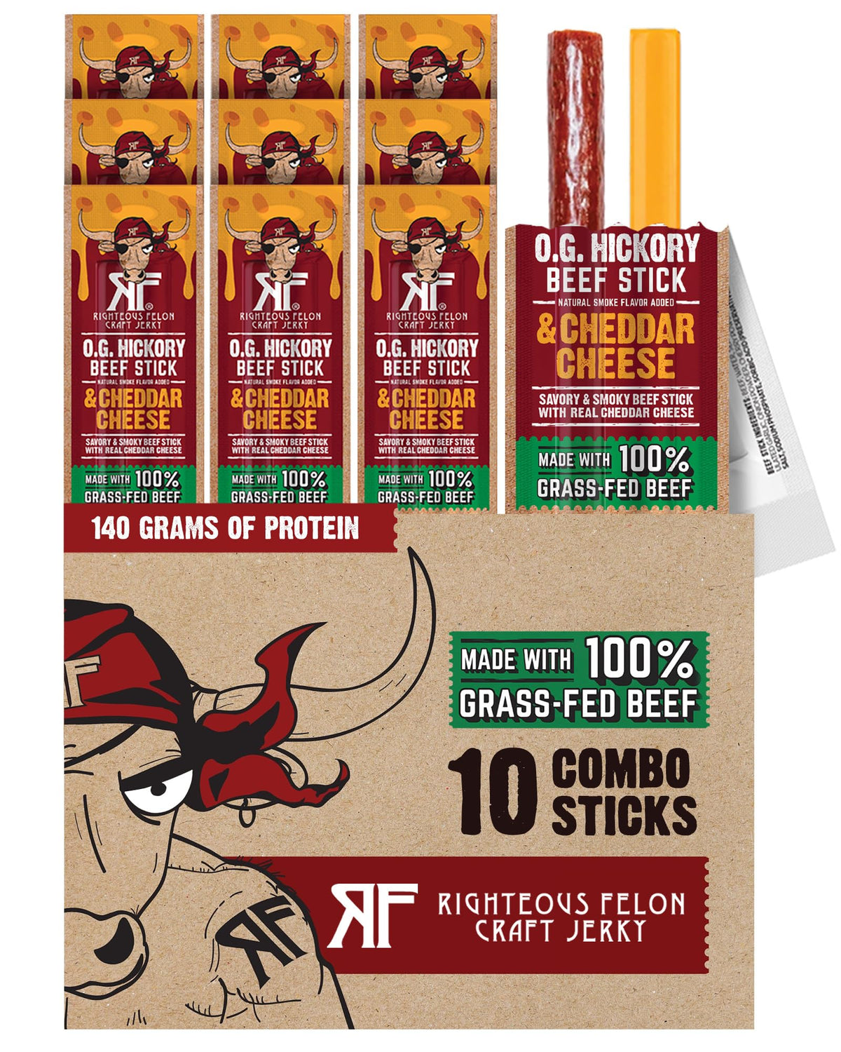 Righteous Felon O.G. Hickory Beef and Cheddar sticks front view showing bold flavor and protein.