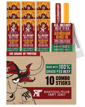 Righteous Felon O.G. Hickory Beef and Cheddar sticks front view showing bold flavor and protein.