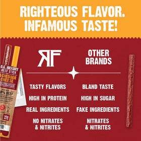 Righteous Felon O.G. Hickory Beef and Cheddar sticks individually wrapped for on-the-go.