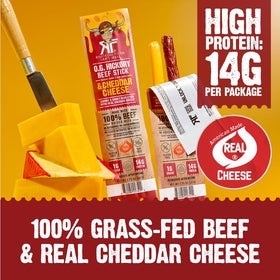 Righteous Felon O.G. Hickory Beef and Cheddar sticks with smoky beef and cheddar.