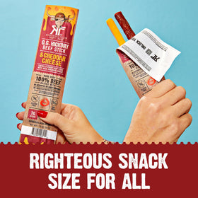 Righteous Felon O.G. Hickory Beef and Cheddar sticks shelf-stable snacking option.