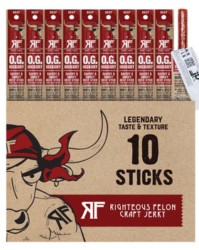 Righteous Felon OG Hickory beef stick close-up showing smoky flavor for on-the-go protein