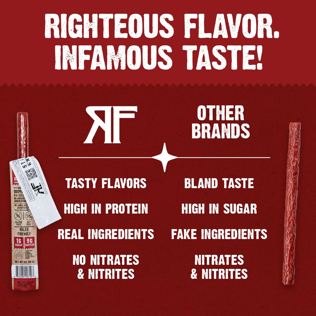 Righteous Felon OG Hickory beef stick bite illustrating bold flavor and texture