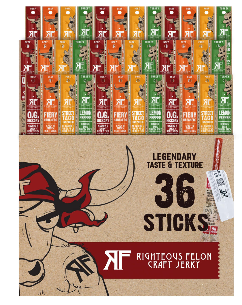 Righteous Felon O.G. Hickory Beef Stick close-up, high-protein keto-friendly snack for on-the-go