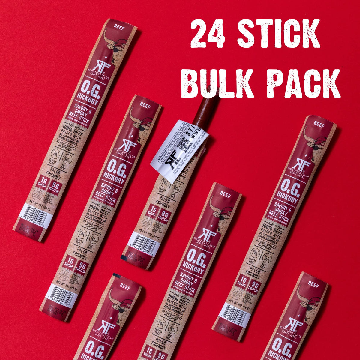 Righteous Felon OG Hickory beef sticks in gift basket setting.