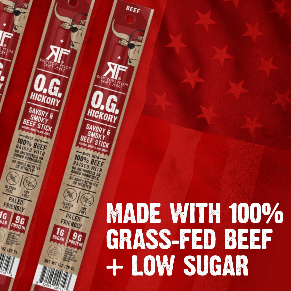 Righteous Felon OG Hickory beef sticks back panel shows 9g protein per stick.